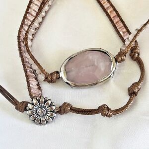 Rose Quartz Bohemian Adjustable 3-Row Beaded Wrap Bracelet Button Loop Closure